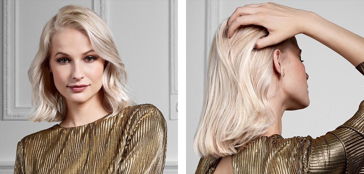 Eine Frau mit mittellangen blonden Haaren